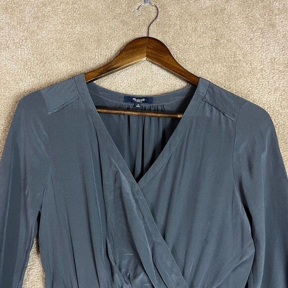 Madewell Kali Dress Womens Size 0 Dark Gray Silk Surplice Faux Wrap Long Sleeve - Picture 3 of 8
